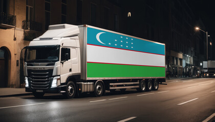A truck with the national flag of Uzbekistan depicted carries goods to another country along the highway. Concept of export-import,transportation, national delivery of goods.