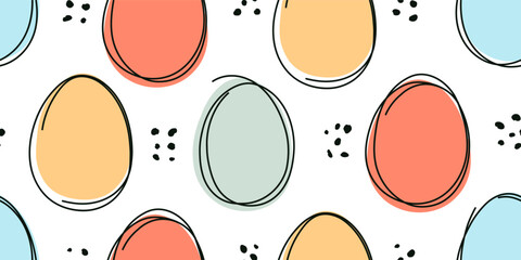 Easter Eggs seamless pattern. Hand drawn black lines and color egg shapes. Vector illustration.