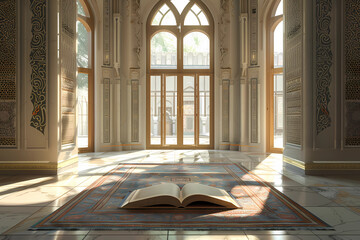 muslim prayer mat with an open book in a mosque - obrazy, fototapety, plakaty