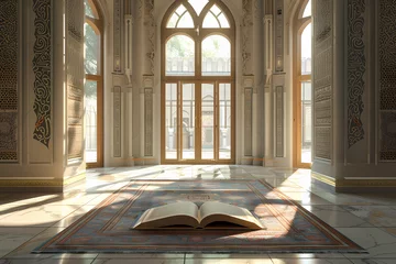 Fotobehang muslim prayer mat with an open book in a mosque © Sticker Me