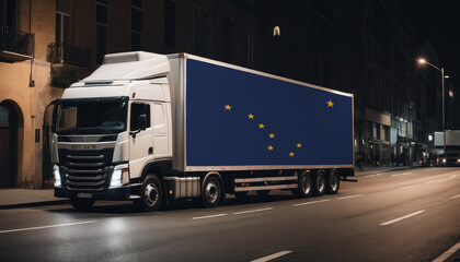A truck with the national flag of Alaska depicted carries goods to another country along the highway. Concept of export-import,transportation, national delivery of goods.