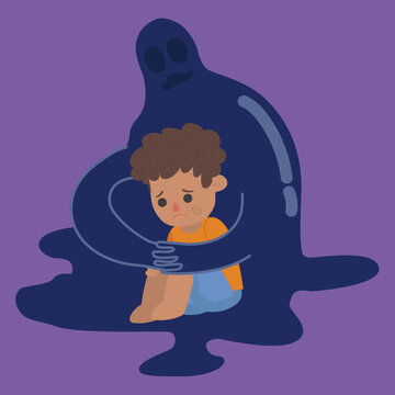 The little boy tripped in depression, the kid sitting in the flour sad, Insecurity, and bullying children. Sad boy. Flat design. Bullying and harassment of children. Abstract flat illustration. Vector