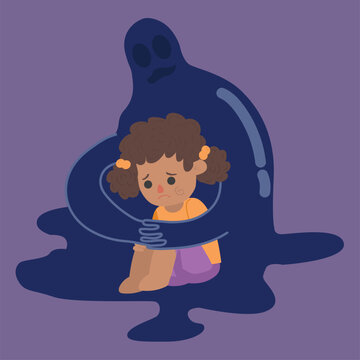 The little girl tripped in depression, the kid sitting in the flour sad, Insecurity, and bullying children. Sad boy. Flat design. Bullying and harassment of children. Abstract flat verctor