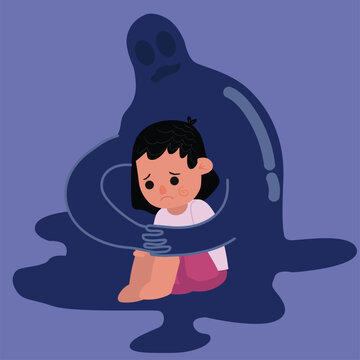 The little girl tripped in depression, the kid sitting in the flour sad, Insecurity, and bullying children. Sad boy. Flat design. Bullying and harassment of children. Abstract flat vector