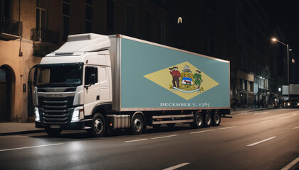 Naklejka premium A truck with the national flag of Delaware depicted carries goods to another country along the highway. Concept of export-import,transportation, national delivery of goods.