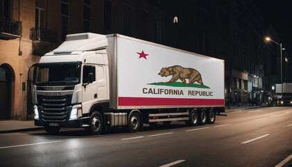 A truck with the national flag of California depicted carries goods to another country along the highway. Concept of export-import,transportation, national delivery of goods.