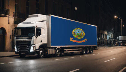 A truck with the national flag of Idaho depicted carries goods to another country along the highway. Concept of export-import,transportation, national delivery of goods.