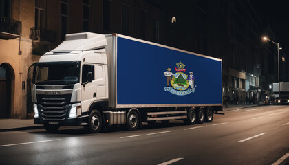 A truck with the national flag of Maine depicted carries goods to another country along the highway. Concept of export-import,transportation, national delivery of goods.