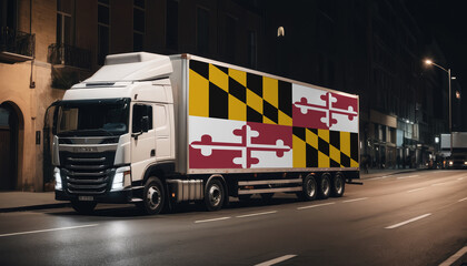 A truck with the national flag of Maryland depicted carries goods to another country along the highway. Concept of export-import,transportation, national delivery of goods.