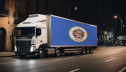 A truck with the national flag of Minnesota depicted carries goods to another country along the highway. Concept of export-import,transportation, national delivery of goods.