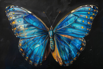 Detailed painting of blue morpho butterfly on black background wings spread. 
