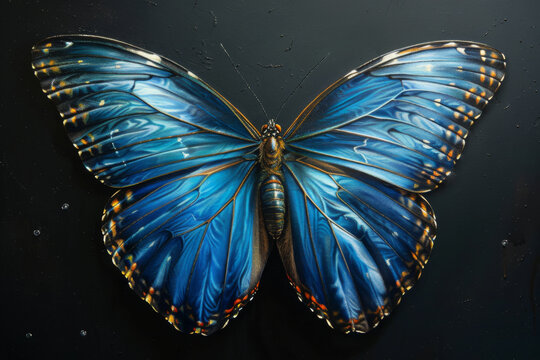 Detailed painting of blue morpho butterfly on black background wings spread. 