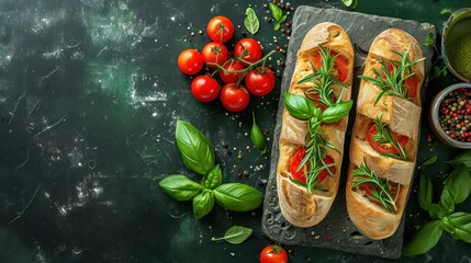 a couple of breads sitting on top of a cutting board next to a bowl of tomatoes and some herbs. - obrazy, fototapety, plakaty
