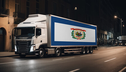 A truck with the national flag of West Virginia depicted carries goods to another country along the highway. Concept of export-import,transportation, national delivery of goods.