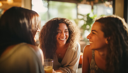 Three girlfriends in a cafe talking and laughing, March 8 World Women's Day