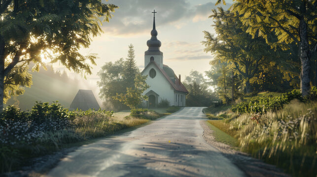 Realistic Old highway leading a small nice chruch.
