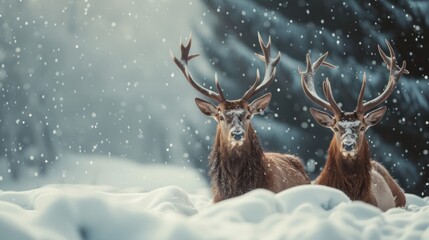 a couple of deer standing next to each other on a snow covered ground in front of a forest filled with trees.