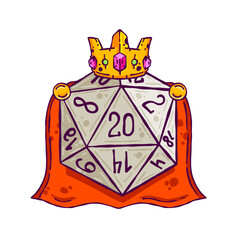 Dice d20 for playing Dnd. King character for Dungeon and dragons board game with gold crown. Cartoon outline drawn illustration