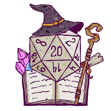 Dice for playing Tabletop role-playing game Dungeon and dragons with d20. Magical role of sorcerer with witch hat and spell book