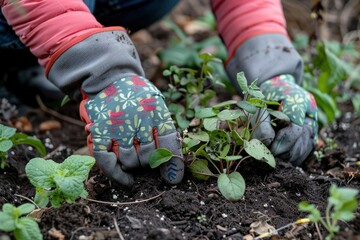 Gloved hands delicately plant a seedling in fertile soil, surrounded by fresh greenery, symbolizing care and growth in gardening.