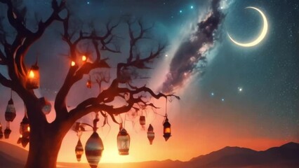 The old tree in the middle of the barren land with several arabic lanterns lit hanging from its branches with beautiful night sky landscape and crescent moon panoramic