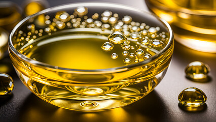 Close-up of a glass bowl filled with yellow liquid, possibly olive oil. The surface of the oil is smooth and reflective, with a few droplets clinging to the oil. The bowl sits on a light-colored wood.