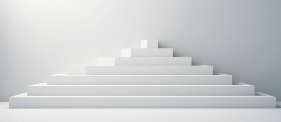 A white staircase ascends towards a white wall with a clean, minimalist design. The stairs provide a simple and modern aesthetic to the space.