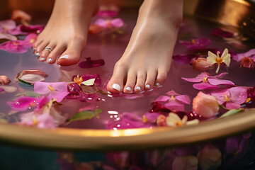 Close up photo of female feet during a pedicure procedure at a spa salon.