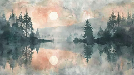 Soft watercolor of a twilight forest with trees reflected in water,ai generated