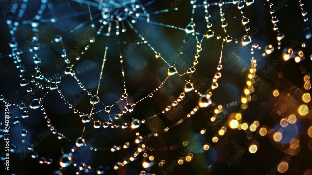 Wall mural a close up of a spider web with drops of water on it's spider web, with a boke of light in the background.