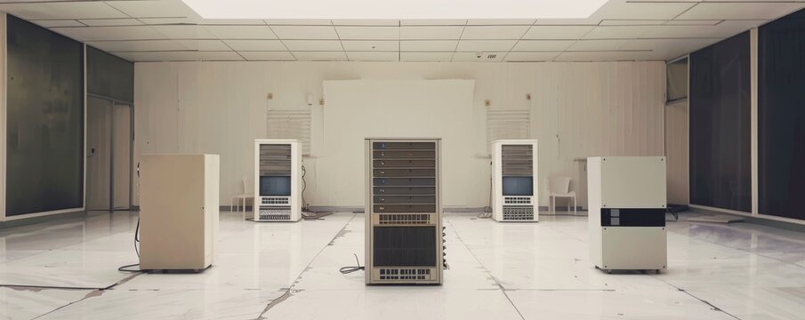Old mainframe units in a pristine white minimalist setting a dialogue between eras