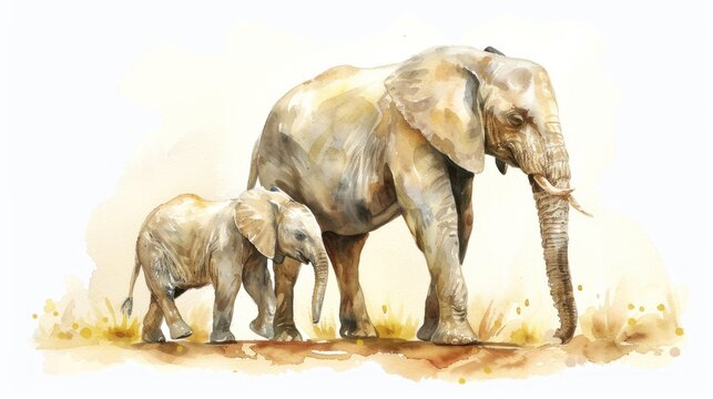 a watercolor painting of an adult elephant and a baby elephant standing in front of a watercolor painting of an adult elephant and a baby elephant.