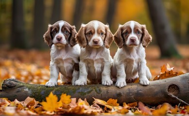 Cute funny dogm groupm Spaniel puppies standing together