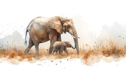 Fototapeta premium an adult elephant and a baby elephant walking in a field of dry grass with brown grass in the foreground.