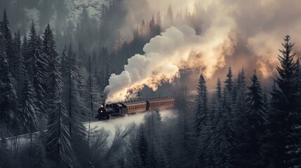a train traveling through a forest filled with lots of smoke and smoke coming out of the top of the train. - obrazy, fototapety, plakaty