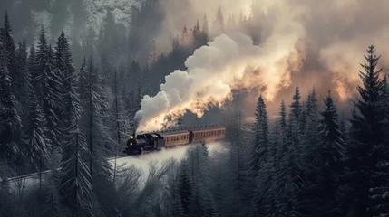 Fototapeten a train traveling through a forest filled with lots of smoke and smoke coming out of the top of the train. © Alice
