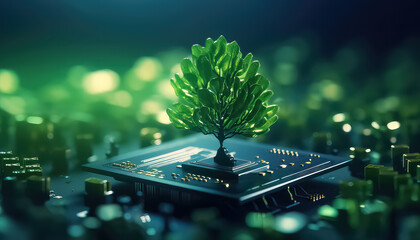 Miniature tree on an electric gadget , Environmental eco safe Conservation - obrazy, fototapety, plakaty