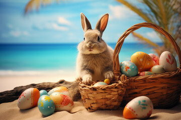 Fototapeta na wymiar Easter bunny resting on the beach with a basket of Easter eggs