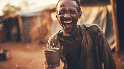 Poor, beggarly, hungry smiling dark-skinned African guy man from Africa, thirsty to drink water. - obrazy, fototapety, plakaty