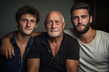 Portrait of mature father bonding with his two adult sons indoors at home.