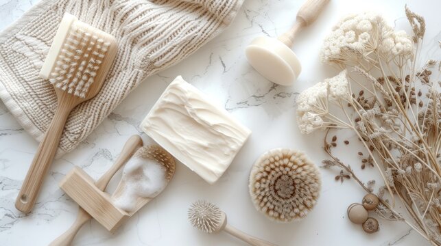 a marble counter topped with lots of different types of soaps and scrubs on top of a white counter.