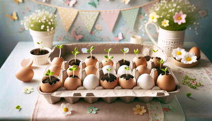 Eco-Friendly Planting: Seedlings in Eggshells - obrazy, fototapety, plakaty