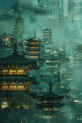 A digital image of asian buildings and sky in the sky.