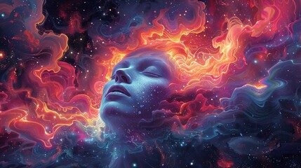 A surreal portrait capturing the essence of cosmic consciousness with a human figure immersed in a sea of vibrant galactic swirls. psychedelic therapy.