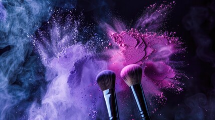 Makeup Brushes with Vibrant Powder Explosion in Motion - obrazy, fototapety, plakaty