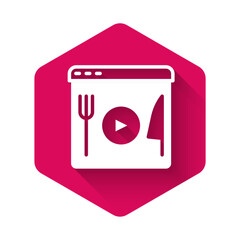 White Cooking live streaming icon isolated with long shadow background. Pink hexagon button. Vector
