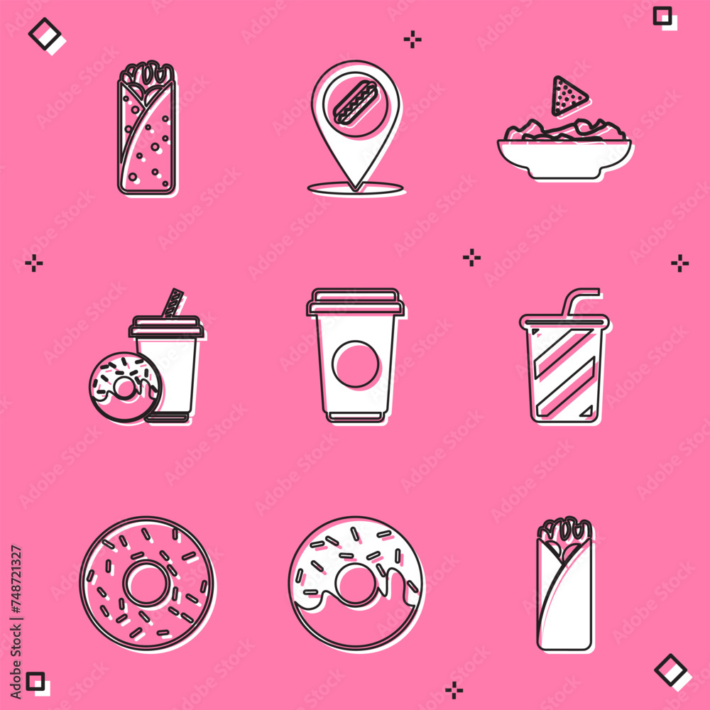 Poster Set Burrito, Location with hotdog, Nachos in plate, Soda drink donut, Coffee cup, Glass water, Donut and icon. Vector