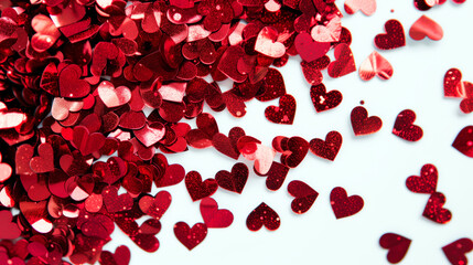 Beautiful glitter red hearts over white background. Romantic decoration for print, header website or design.