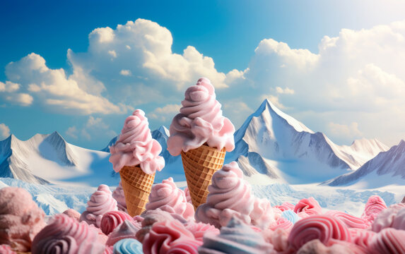 Commercial landscape image of colorful field with blue sky, candy trees and ice cream mountains. Sweet summer food concept. Funny 3D design of a candy land.