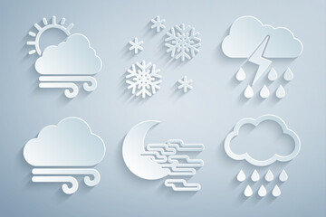 Obraz premium Set Fog and moon, Cloud with rain lightning, Windy weather, Snow and icon. Vector
